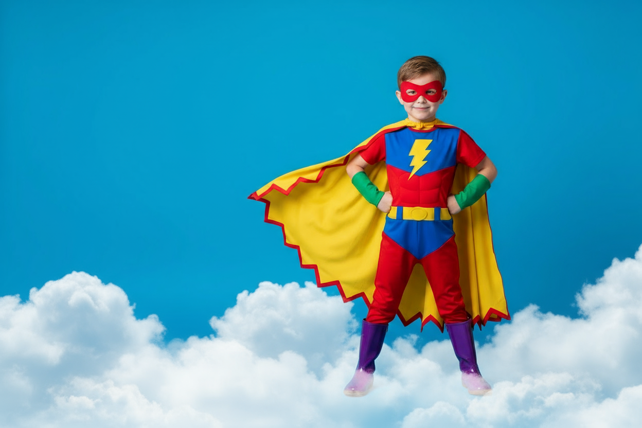 blue back ground with child in hero costume