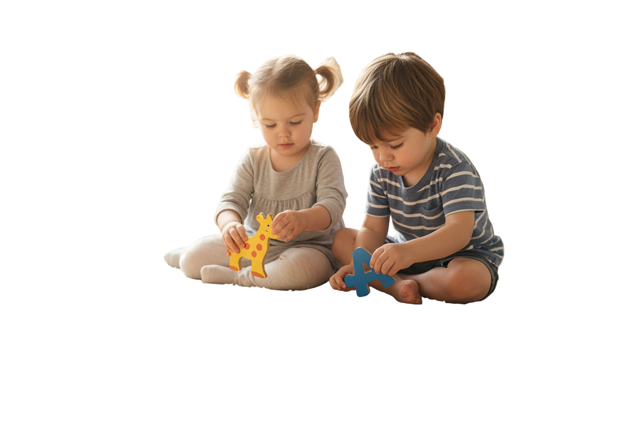 two children playing on carpet with puzzle